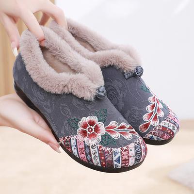 Stoffschuhe Baumwollschuhe bestickte Tasche Absatz mittelhohe Schuhe warm ethnischer Stil bequem weiche Sohle Mutter Baumwollschuhe