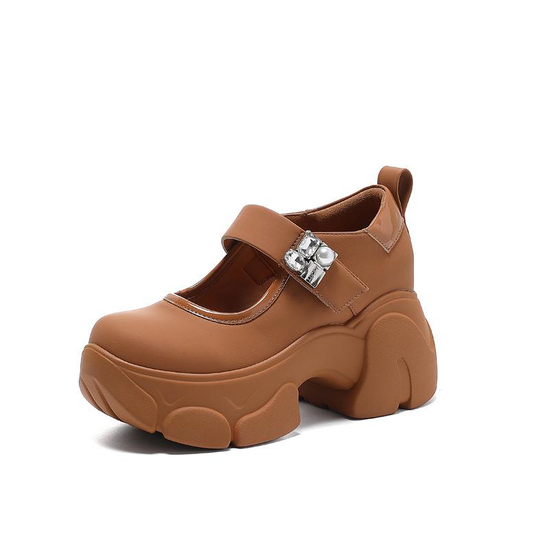 British style high-heeled Velcro small leather shoes women's autumn 2025 new thick-heeled waterproof table shallow mouth Mary Jane shoes