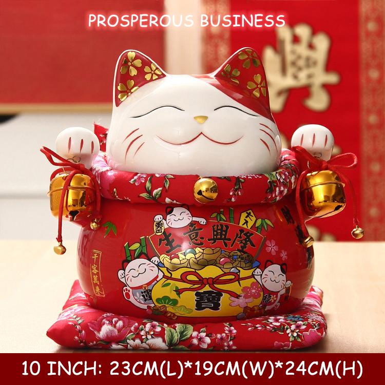 10 inch Ceramic Lucky Cat Money Bank Maneki Neko Fortune Cats Porcelain Happy Smiling Cat Figures Feng Shui Decor Ornament