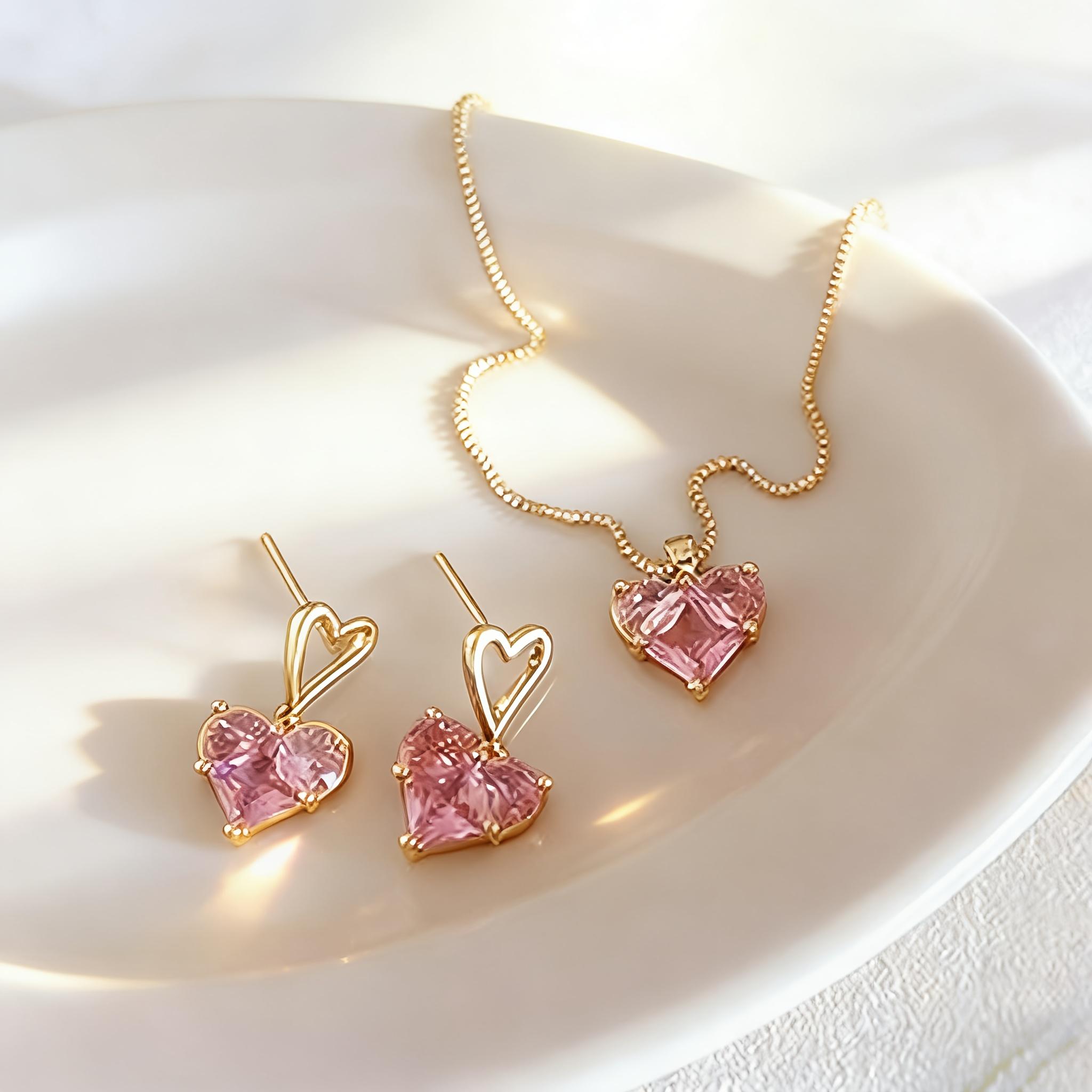 

3pcs Pink Heart Pendant Earrings Necklace Set, Y2K Vintage Elegant Design - Daily Party Jewelry Gift for Women Couples золотистый
