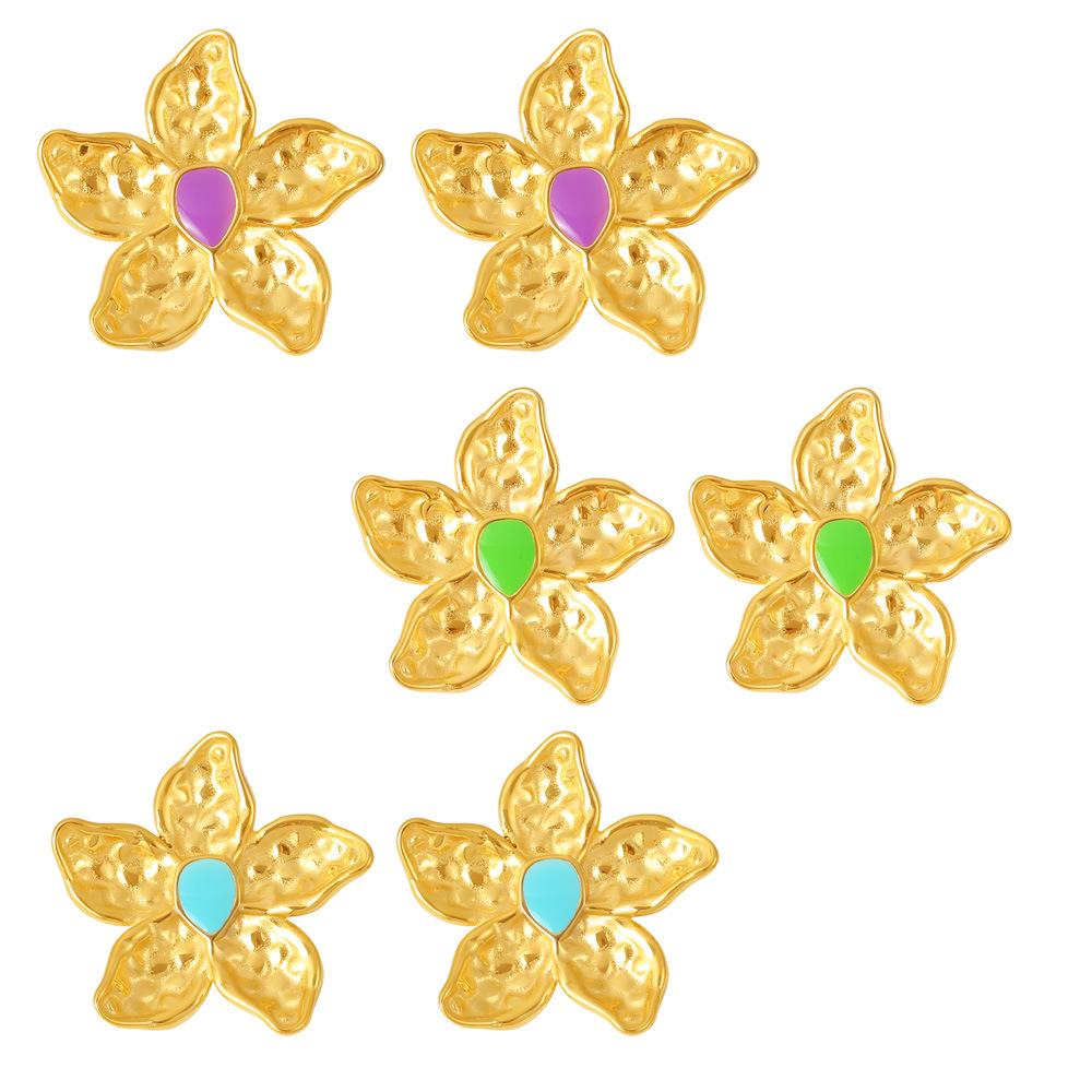 Stil Goldene Karstblumen-Ohrringe Übertriebenes Retro-Design 18K Echtvergoldeter Edelstahl Öltropfen-Ohrringe Damen