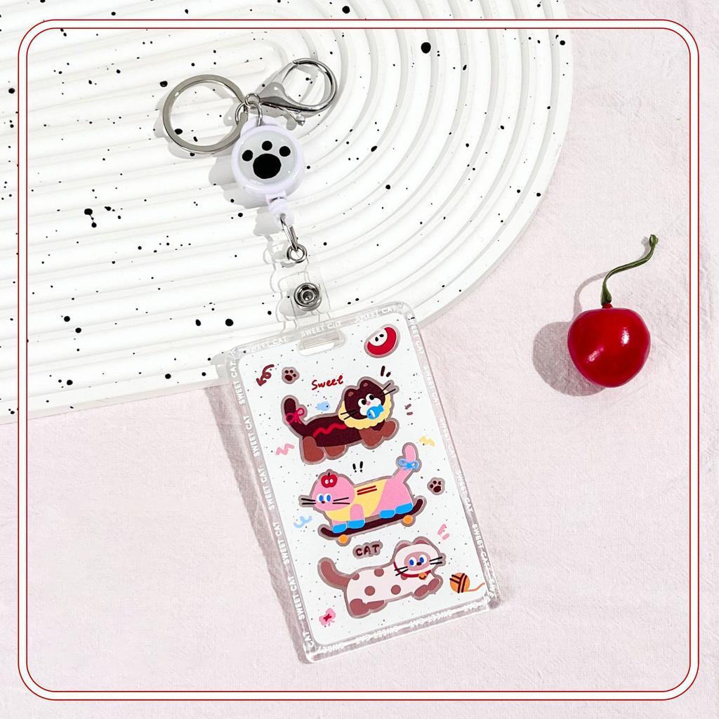 Kawaii Cat Keychain Sliding Card Holder Student Meal Card Bus Card Photo Card Holder Lanyard Lady Id Card Credit Card Holder