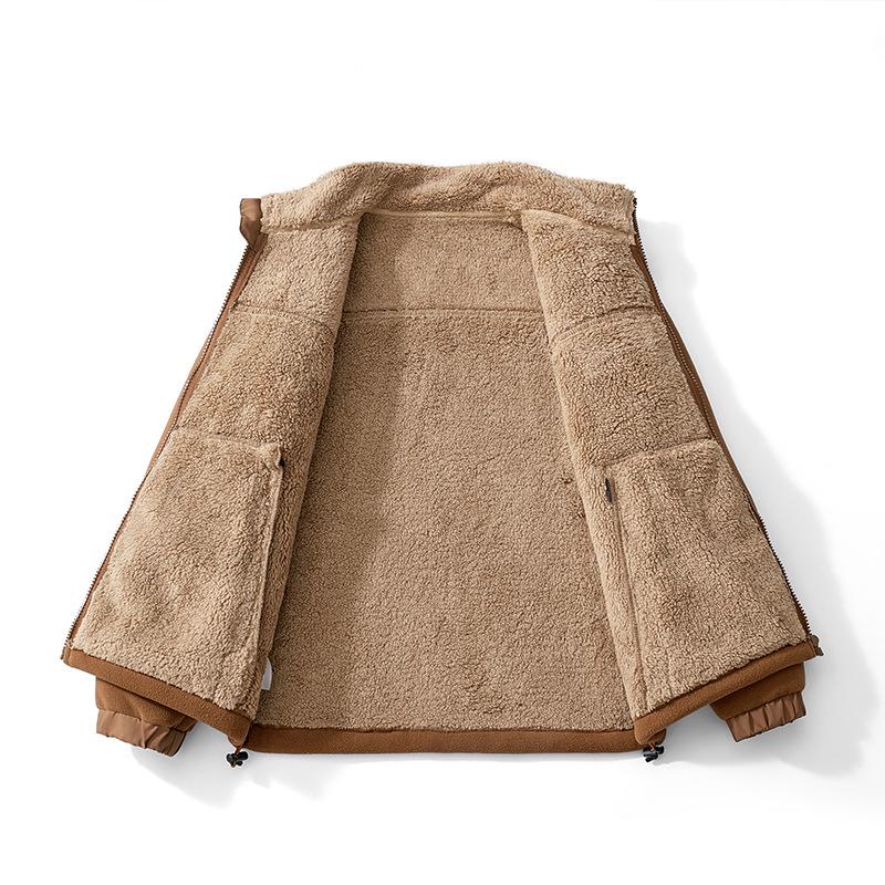 Men's Fleece-Lined Stand Collar Windbreaker - Warm Lambswool Inner Layer for Autumn and Winter