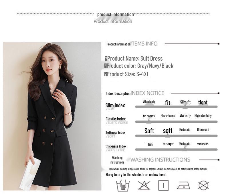 Women's Double-Breasted Gray Suit Dress - Mid-Length, High-End Professional Workwear for Spring and Autumn