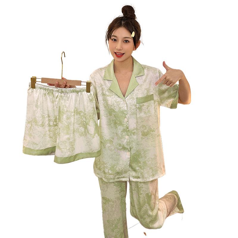 Simulation Silk Three-Piece Set Irregular Printing Lapel Short-Sleeved Loungewear Can Be Worn Outside Pajamas Women