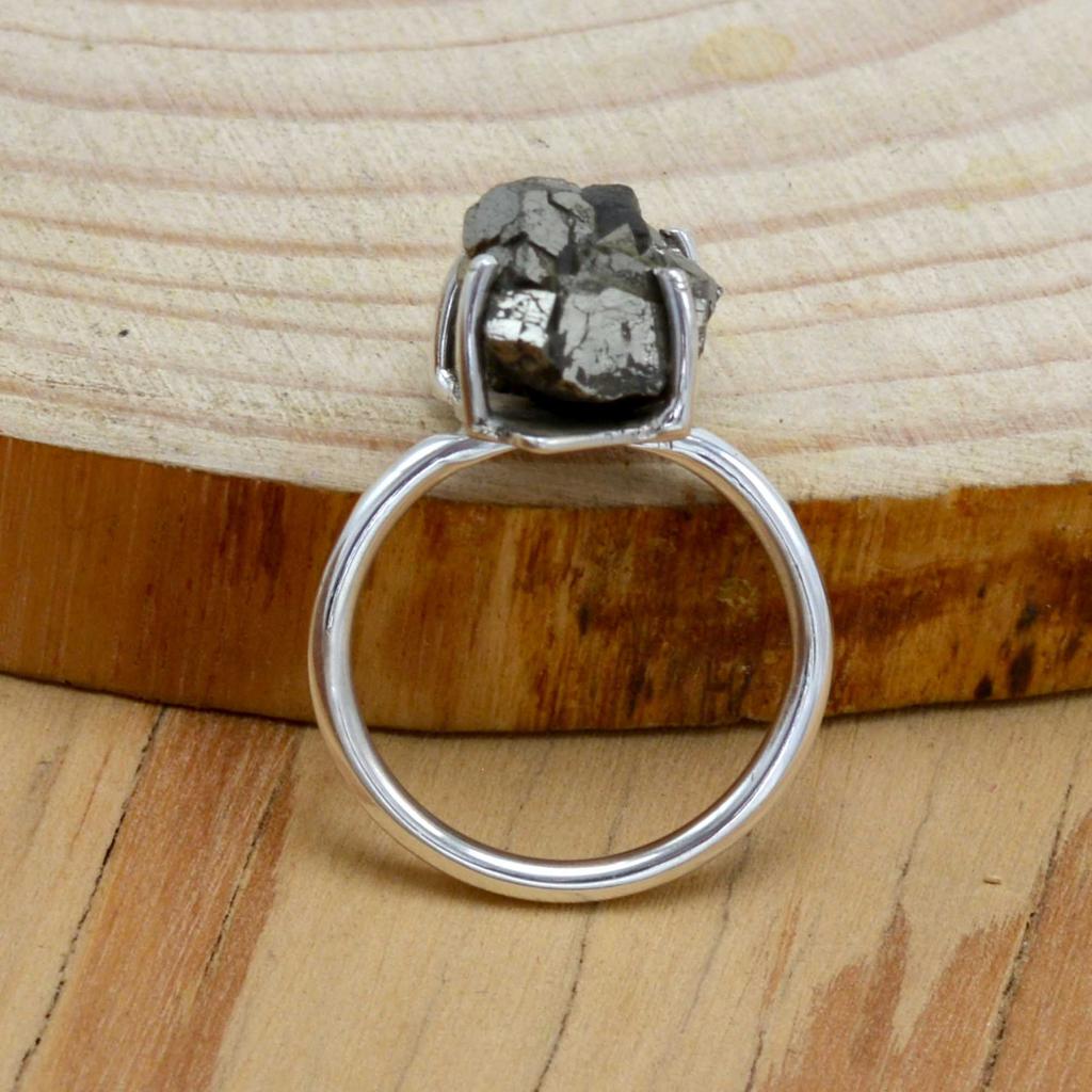 Pyrit 925 Sterling Silber Ring, roher Edelstein handgemachter Damen Boho Ring