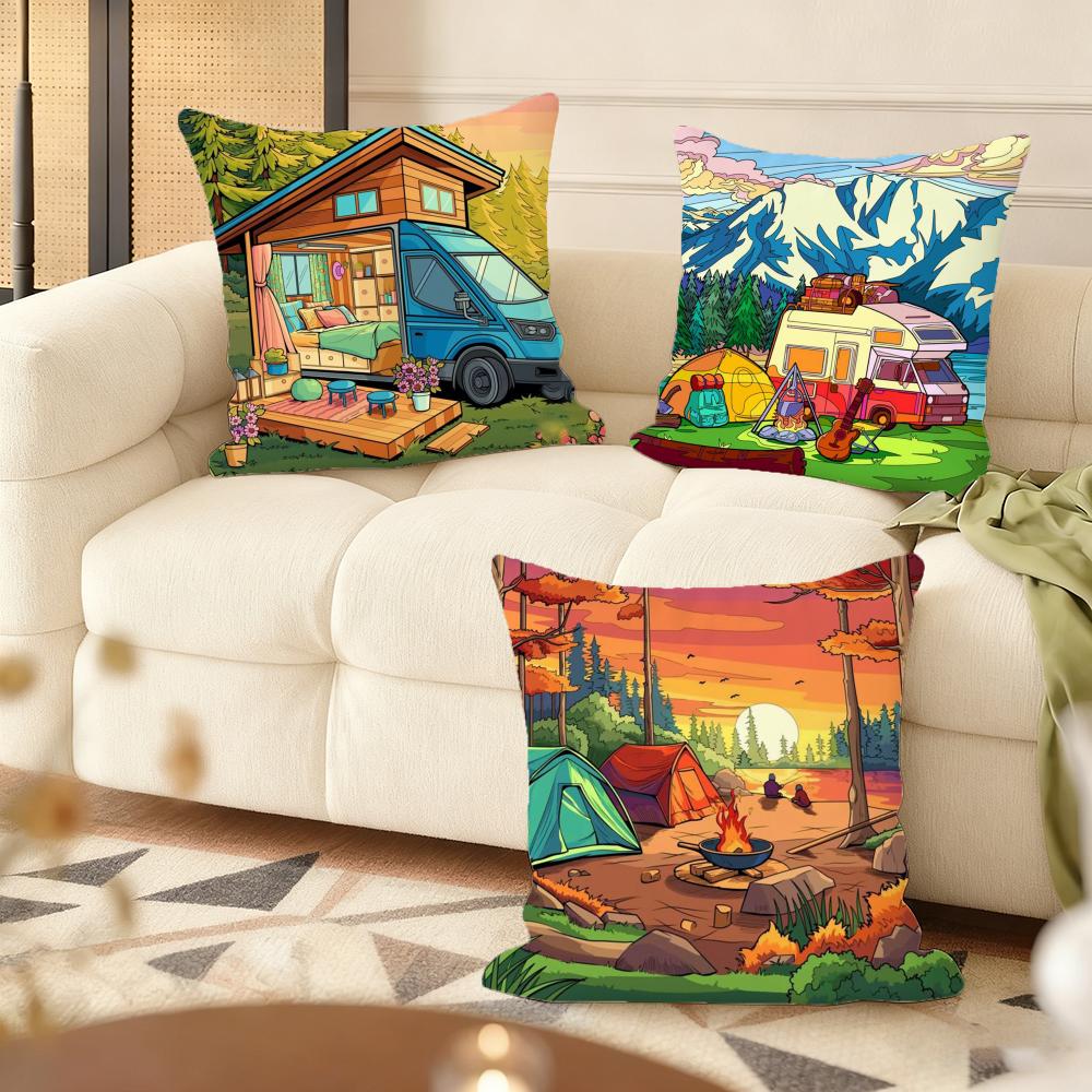 Happy Camper House Cushion Cover Soft Plush Throw Pillow Cover DoubleSided Decorative Cushion Case Sofa Bedroom Home Decor
