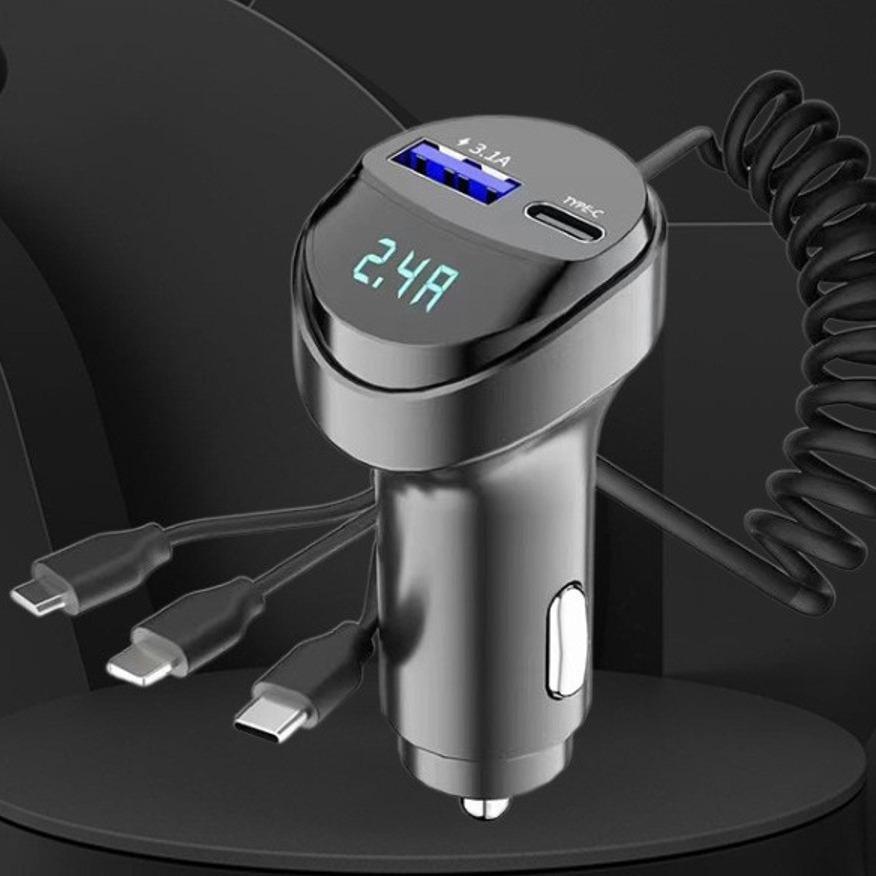 KC08 3-in-1 Retractable 3.1A USB Car Charger with Voltage Display
