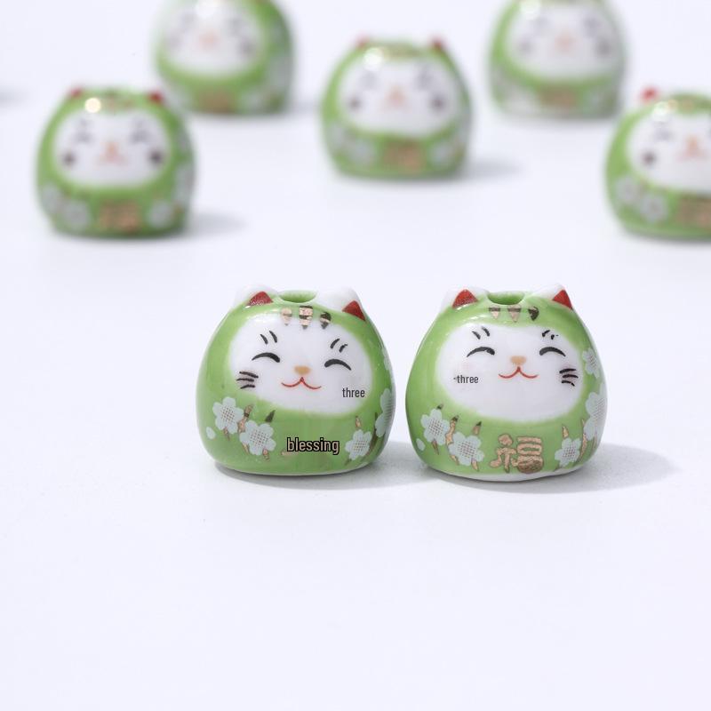 Ceramic Lucky Cat DIY Bracelet Pendant - Vertical Hole Beaded Charm Daruma Cat Accessories