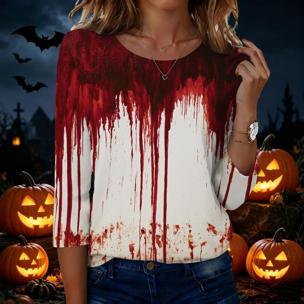 Women's Casual Round Neck Three Quarter Sleeve Halloween Print T Shirt Top Lightweight Comfortable Fit for Everyday Wear
