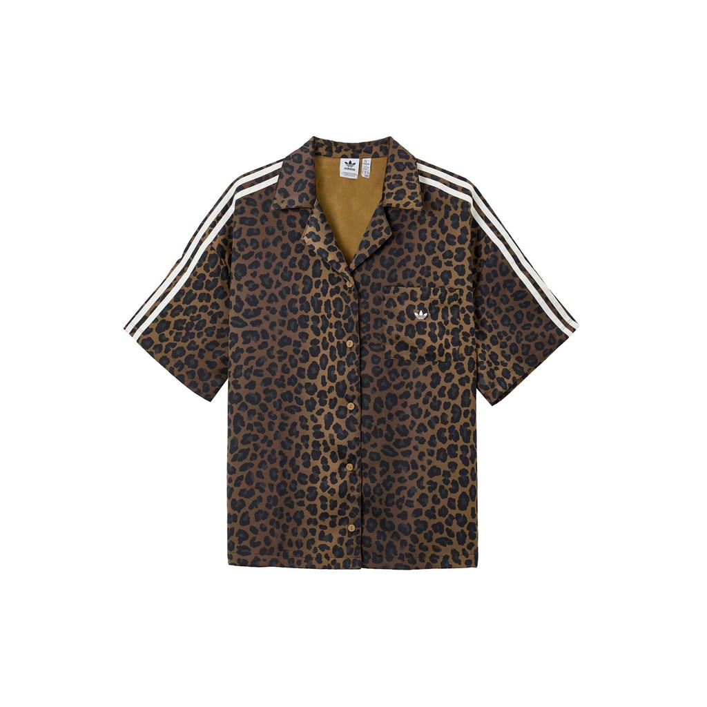Adidas Originals Classic Sports Series Comfortable Polo Loose Striped Leopard Print Short Sleeve Shirt Women Shirts Layered-Bronze KA2678