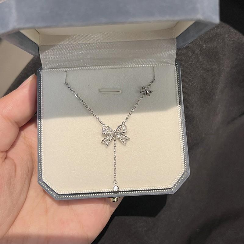 Silver Bow Knot Pendant Necklace Adjustable Y-Shaped Zircon Jewelry