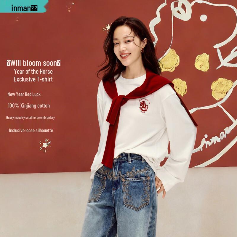 INMAN Women s Cotton Embroidered Drop-Shoulder T-Shirt M