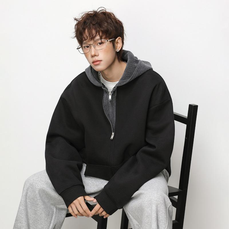 Men S Color Block Knit Splicing Hooded Cardigan Sweatshirt Casual Jacket
