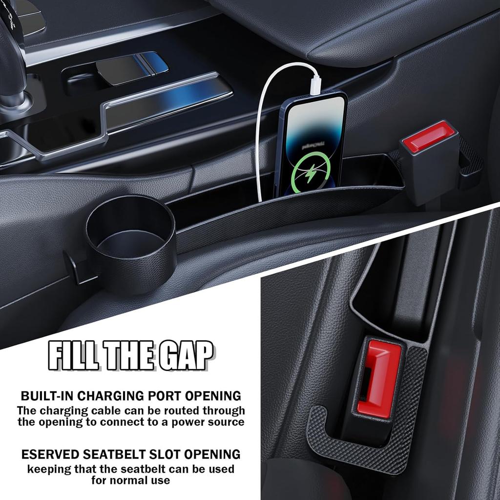 2PCS Car Seat Gap Filler Organizer With Cars Cup Holder,Hook,3 In 1 Car Seat Gap Plug With Storage Slot & Seats Belt Holes & Charging Port,Universal