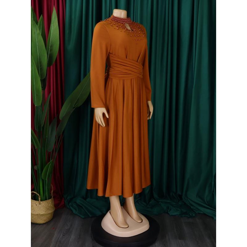 YYFS Women's Fashion Spring Fall Solid Color Print Long Sleeve O-Neck High Waist Casual Dresses