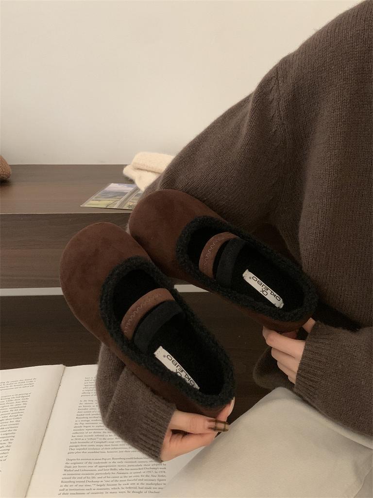 Flat-bottomed Velvet Birkenstocks Single Shoes Women's Autumn and Winter Outer Wear Retro Word Belt Mary Jane Love Fluffy Shoes Cotton Shoes