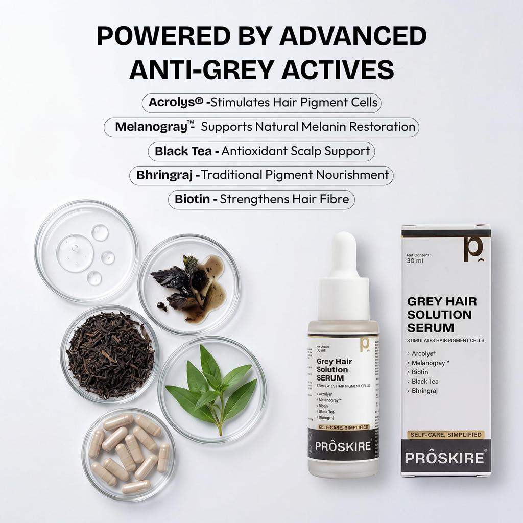 Proskire Grey Hair Solution Serum | Arcolys, Melanogray, Biotin, Black Tea & Bhringraj | Helps to Reduce Premature Greying & White Hair Problem |