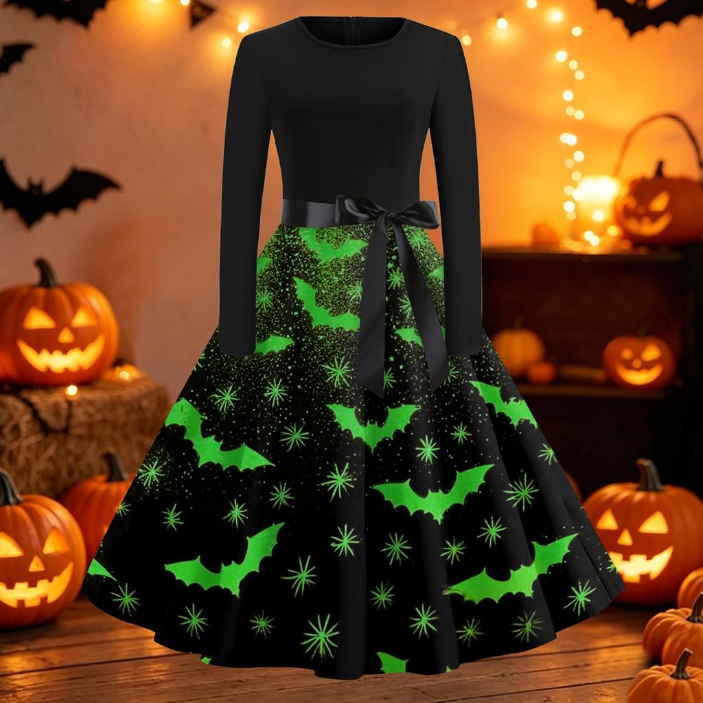 Women's Vintage Round Neck Dress with Halloween Print for Casual Fall Outings