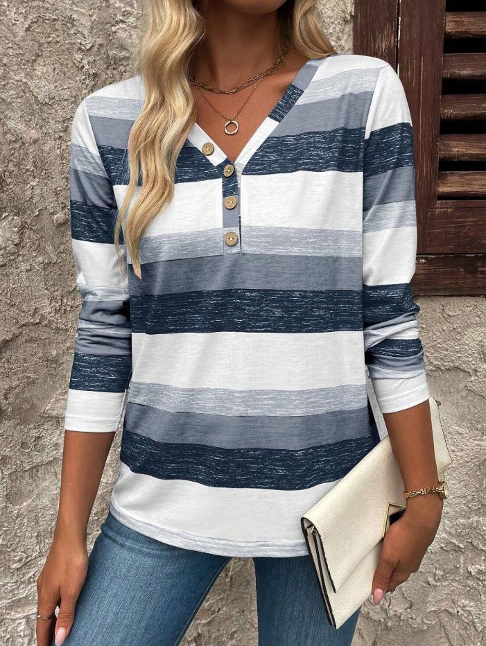 European & American V-Neck Striped Long Sleeve Women's Casual T-shirt