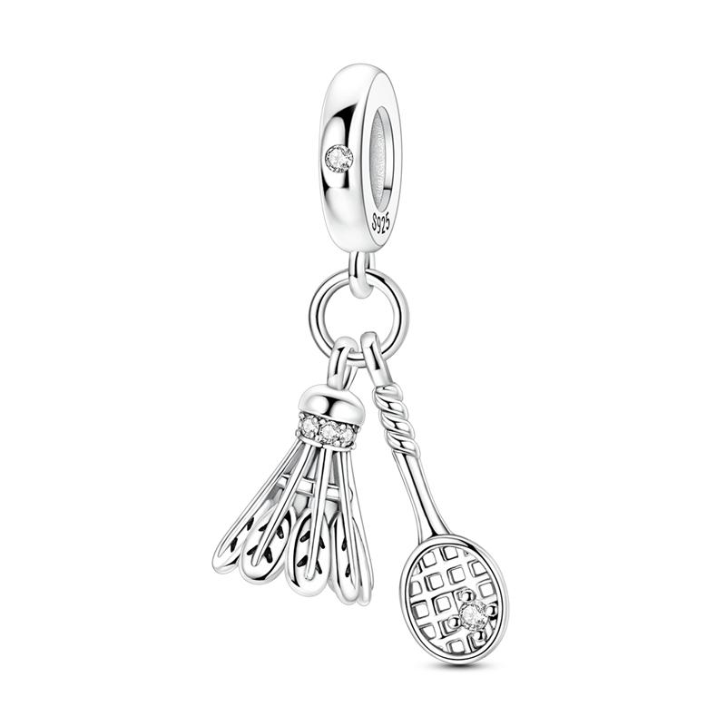 

925 Silver Badminton Racket & Shuttlecock Dangle Charm Sporty Style Pendant Fit Bracelets Jewelry Gift for Women