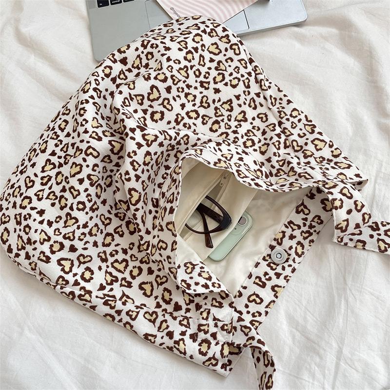 Korean-style Simple Canvas Bag Fashionable Leopard Print Shoulder Bags Lightweight Large-capacity Tote Bags Retro Lunch Handbags