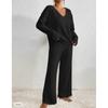 Women's Set of Loose Casual Long-sleeved V-neck Pit Striped Brushed Top and Trousers 2-piece Set
