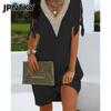 JPNTKY Women's Fashion Summer Spring Solid Color Print Short Sleeve V-Neck Casual Dresses