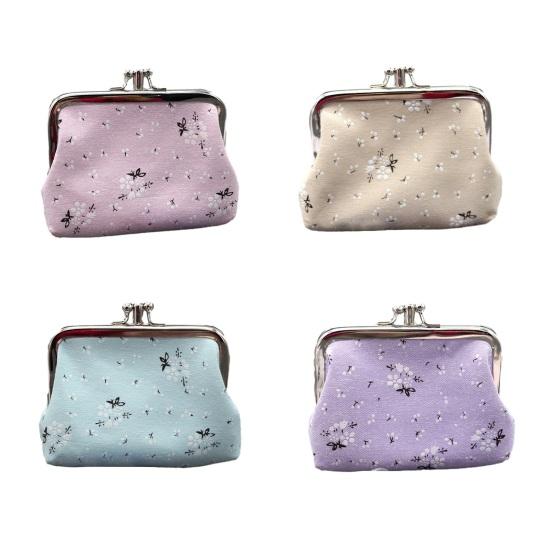 Floral Canvas Coin Purse, Women Change Purse with 2 Compartments, Kiss Lock Closure Pouch for Cash Coins Cards