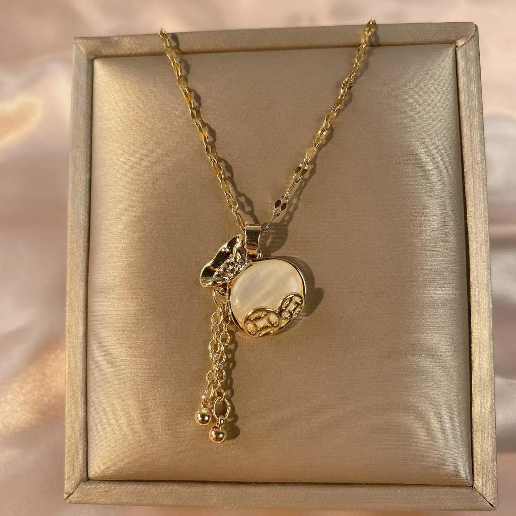 Titanium Steel Fringed Money Bag Necklace Women'S High Sense Retro Versatile Opal Pendant Collarbone Chain