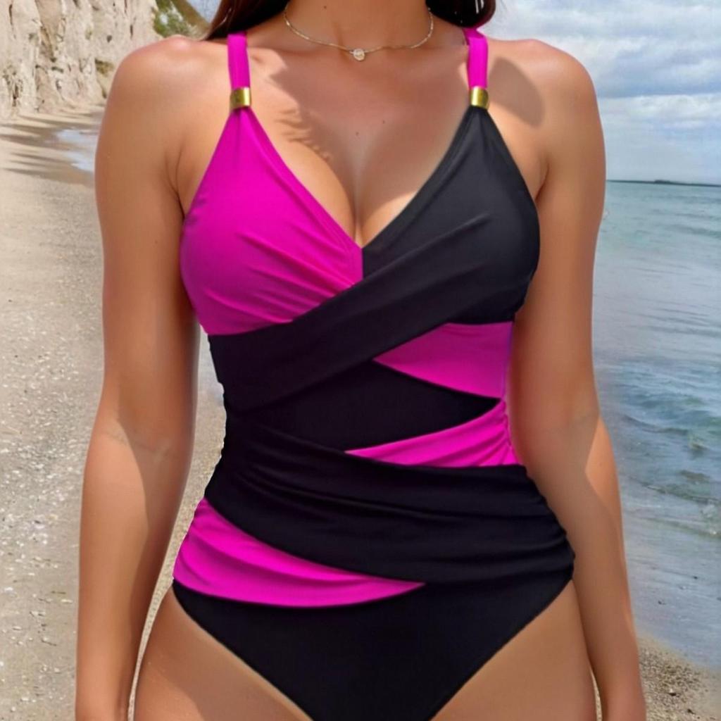 2025 Color Block Crossover Gathered One-Piece Swimsuit for Women