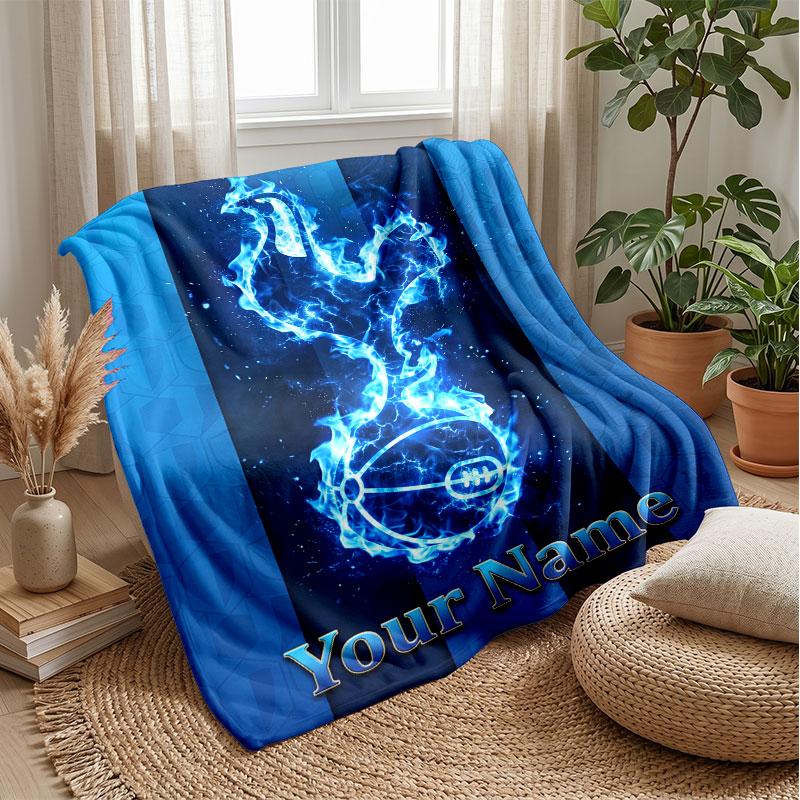 Tottenham Hotspur FC Custom Name Text Flannel Blanket Soccer Logo Personalized Fleece Throw Blanket Special Gift For Sofa Bedroom Home