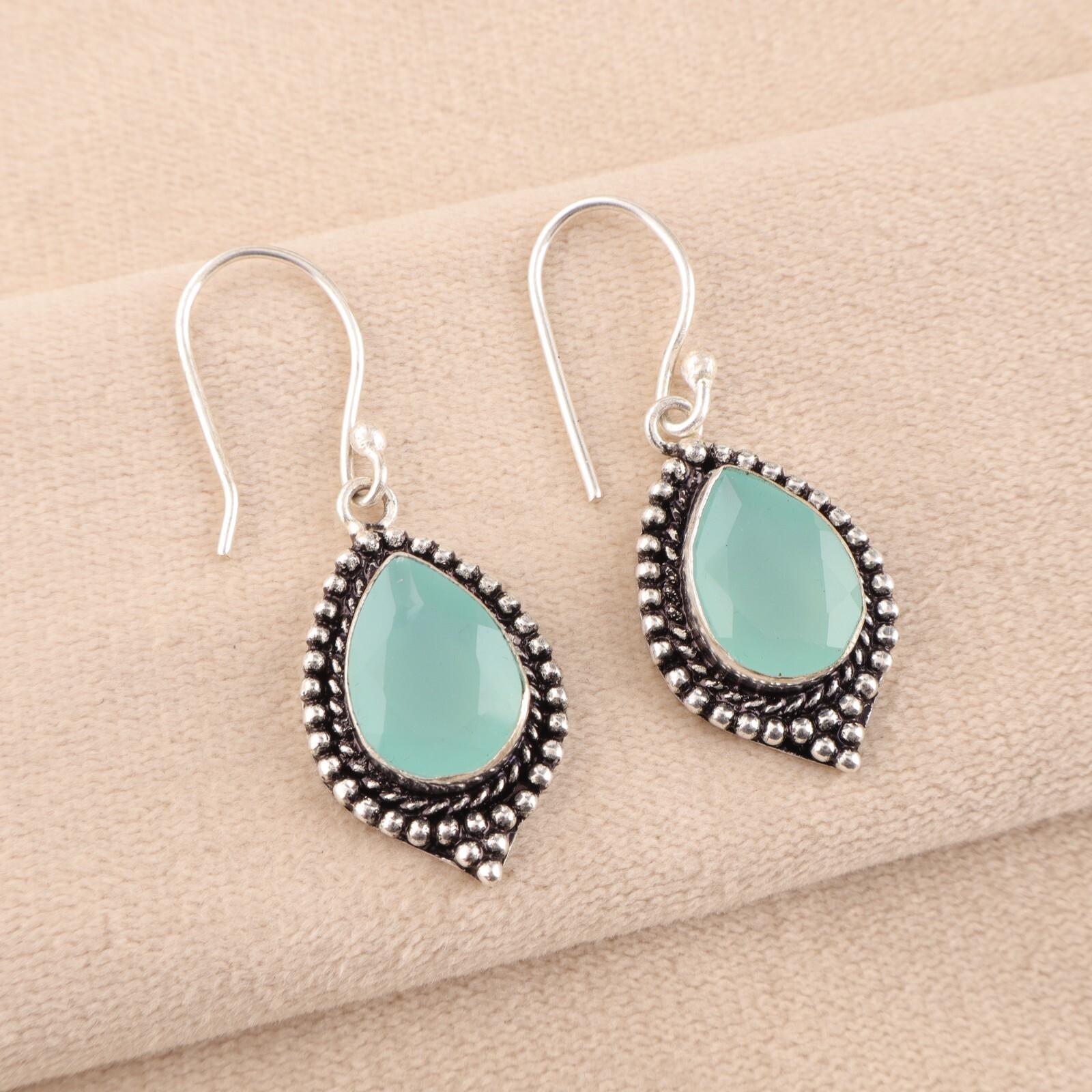 

Аква Халцедон Драгоценный Камень 925 Стерлинговое Серебро Ювелирные Изделия Ручной Работы Серьги Для Женщин EE-164-20