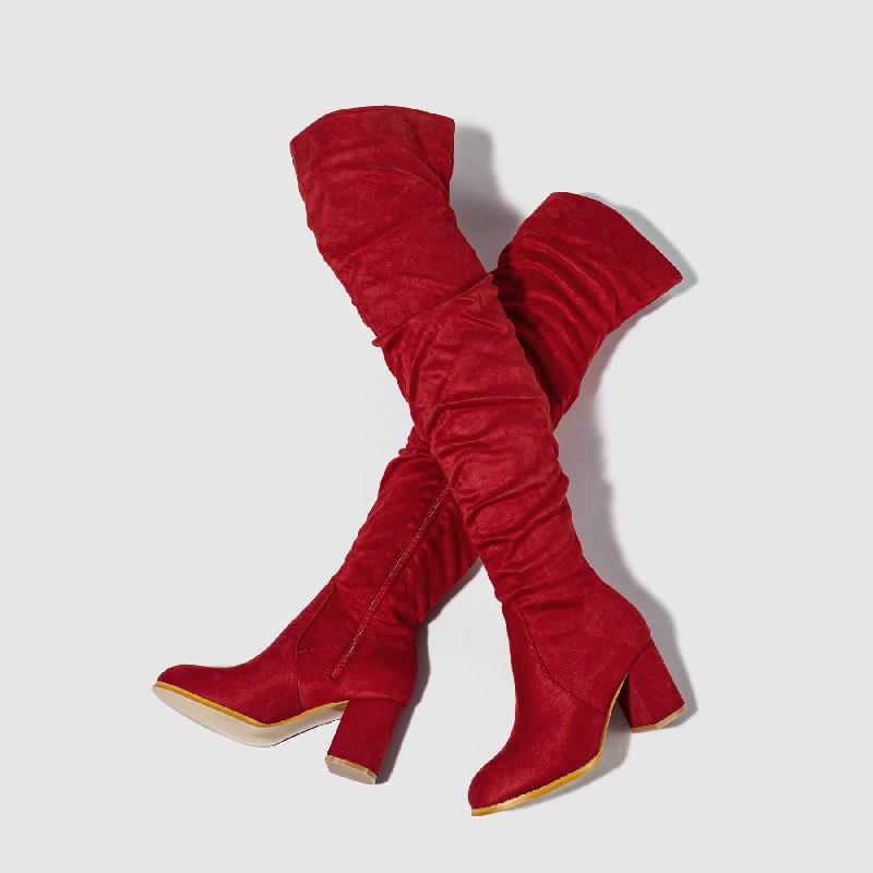 Winter Zipper Women Over-the-Knee Boots Fashion Flock Square Heel Shoes Thigh High Long Botas De Mujer