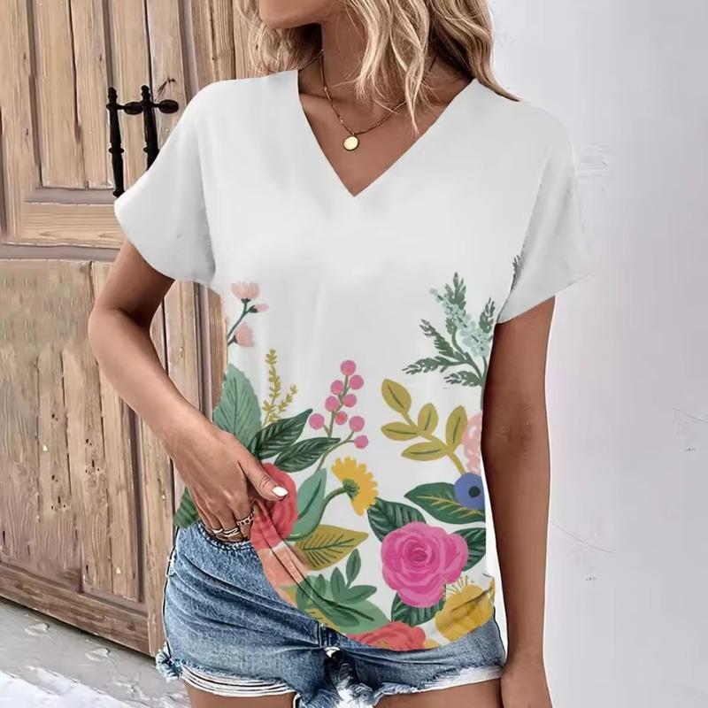 Fashion Women's T-Shirts Fashion Tops V-Neck 3D Floral Print T Shirt Female Short Sleeve Top Casual Tees Summer Oversized Clothing