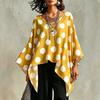 Women's V Neck Three Quarter Sleeve Blouse Loose Fit Boho Style Polka Dot Print Irregular Hem Casual Top For Summer Daily Wear