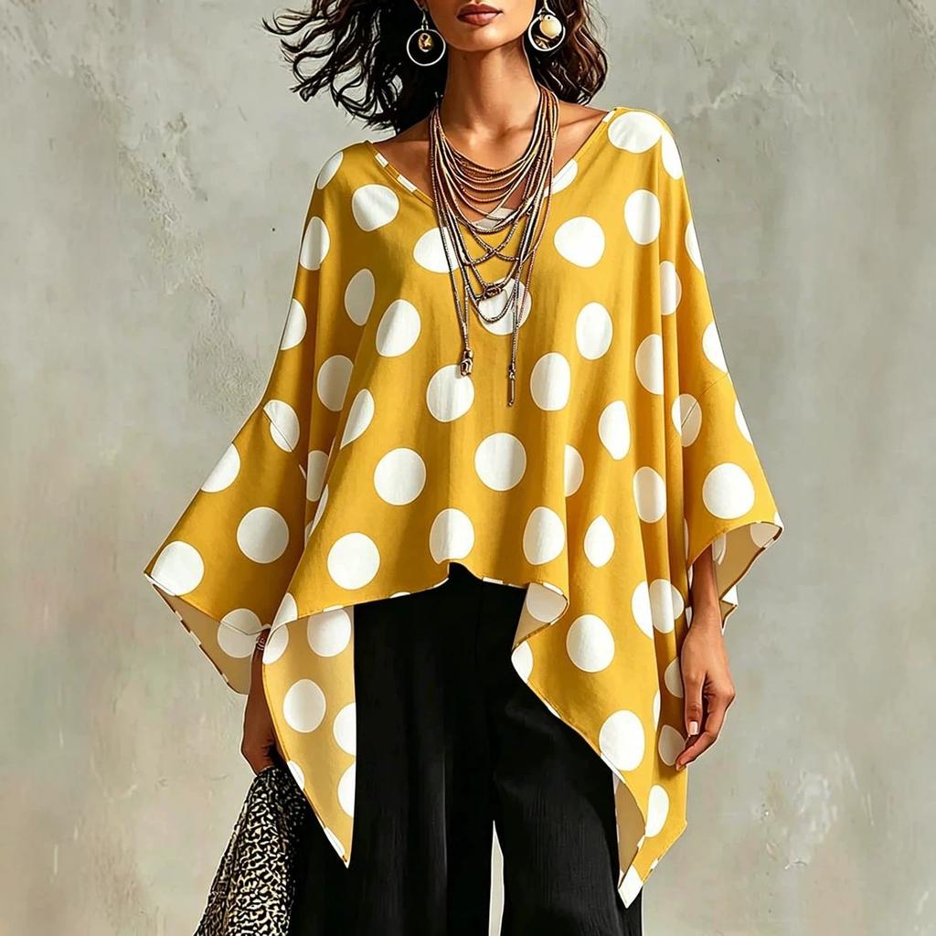 Women's V Neck Three Quarter Sleeve Blouse Loose Fit Boho Style Polka Dot Print Irregular Hem Casual Top For Summer Daily Wear