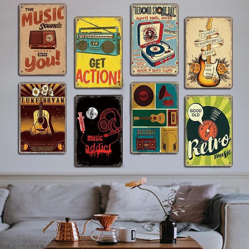 Vintage Music Posters Metal Tin Signs Retro Metal Plate Music CD Radio Guitar Singer Bar Club Wall Decor Living Room