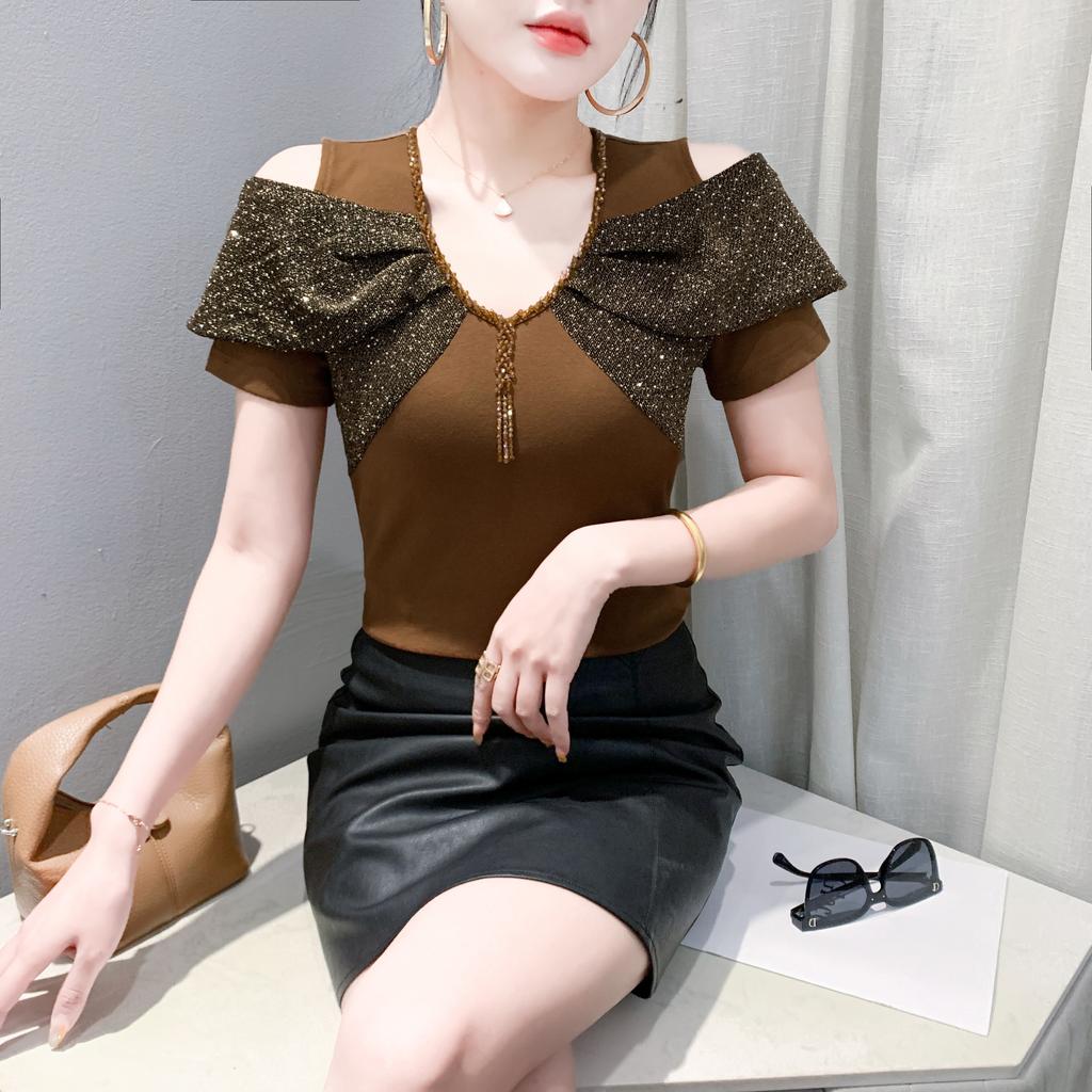 Summer Sexy Off Shoulder Beading T-shirt Women's Short Sleeves Tassels Design Tees New Cotton Female Tops