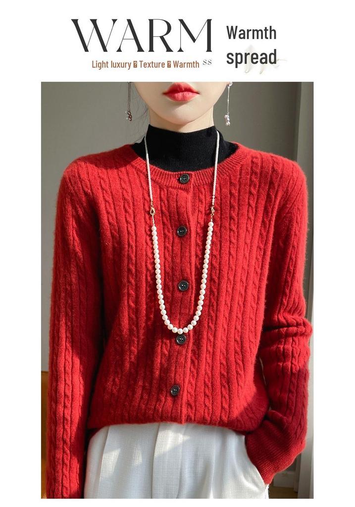 Women's Red 100% Pure Wool Cable Knit Cardigan Sweater - Loose Fit, Round Neck, New Year Style