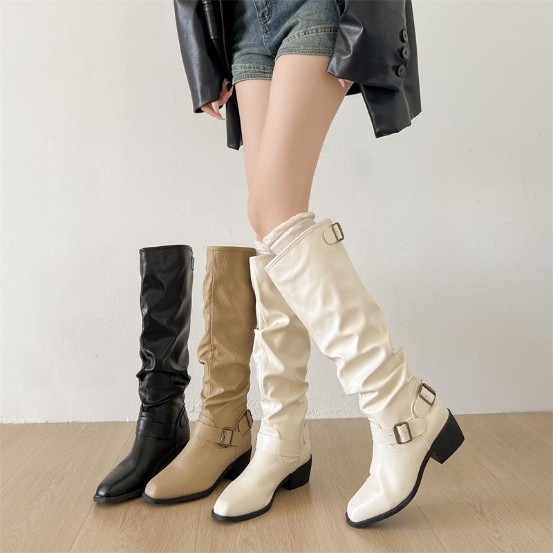 White retro high-end thick-heeled boots children's boots 2025 new autumn with skirt thin knight boots