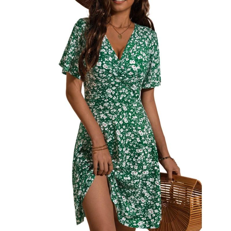Popular, Summer Floral Short Sleeve Wrap V-Neck A Line Midi Dress