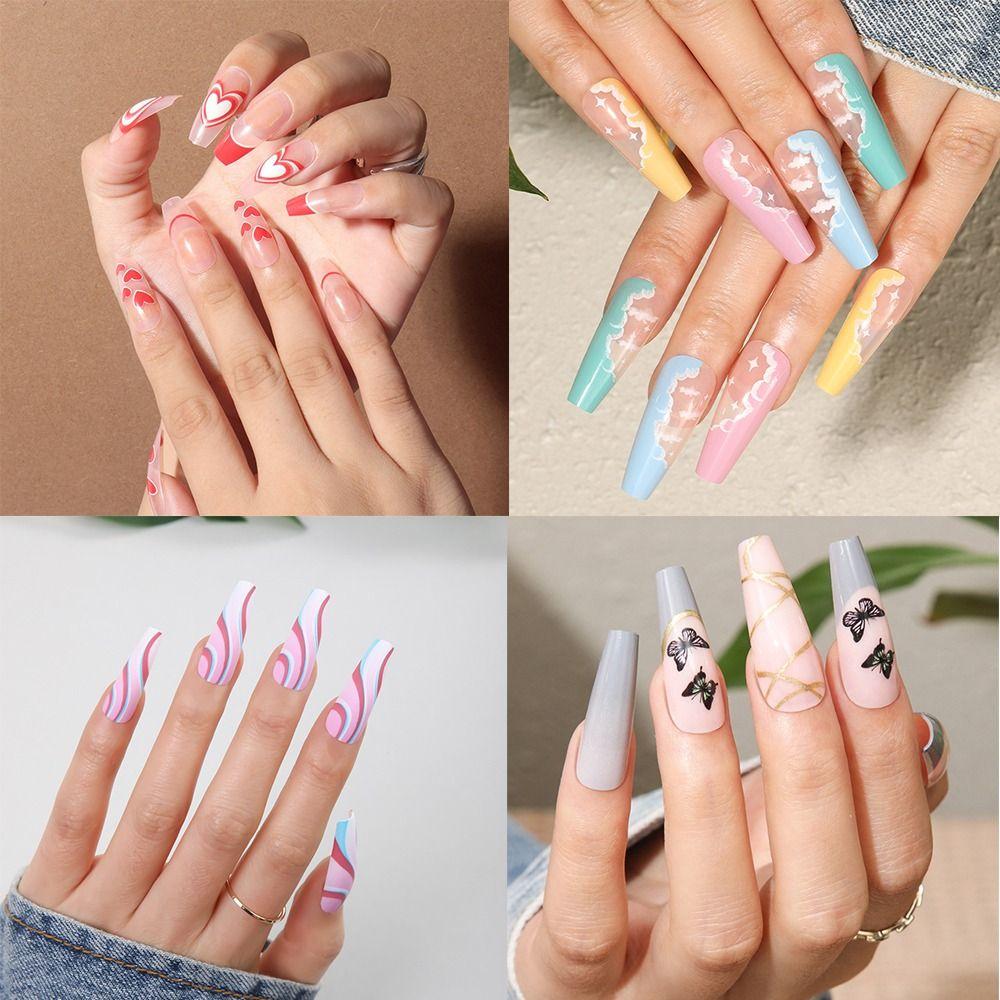 

24pcs DIY Butterfly Cloud False Nails French Long Ballerina Love Heart Fake Nails