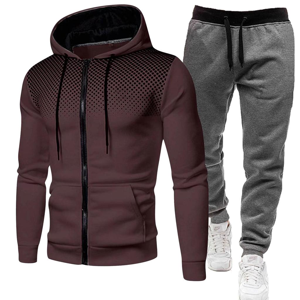 Unisex Fleece-Lined Polka Dot Zipper Hoodie Set for Autumn/Winter