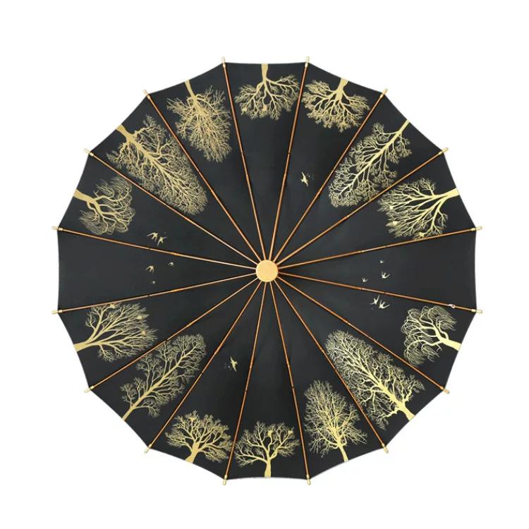 Artistic Retro Wooden Handle Straight Umbrella, Long Handle Umbrella for Both Rain and Sun, Advertising Umbrella with Logo Customization , In-Stock