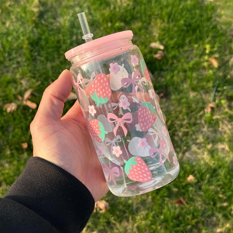 Sklenice s mašlí Roztomilý hrnek na vodu Kreslený hrnek se sklenicí s mašlí Pruhovaný Roztomilý Doodle Kávový hrnek Domácí Ovocný čaj Limonáda Dívčí dárek