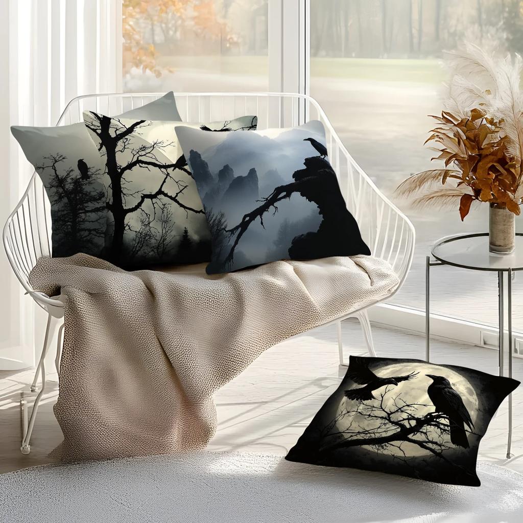 Halloween Black Tree Crow Pillowcase Cushion Polyester 45X45Cm Throw Pillow Cover Sofa Chair Bed Cushion Cover Pillowslip Decor