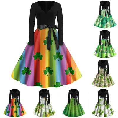 Women's Fashion V-Neck Casual Slim St Patrick's Day Printed Long Sleeve Dresses