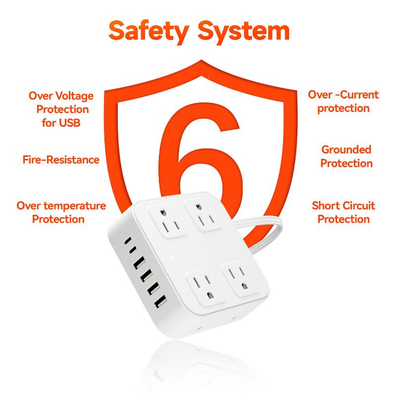 8Ac+4Usb Extension Cord Power Strip With Usb (Type C), Ultra-Thin Flat Plug For Travel/Home/Office
