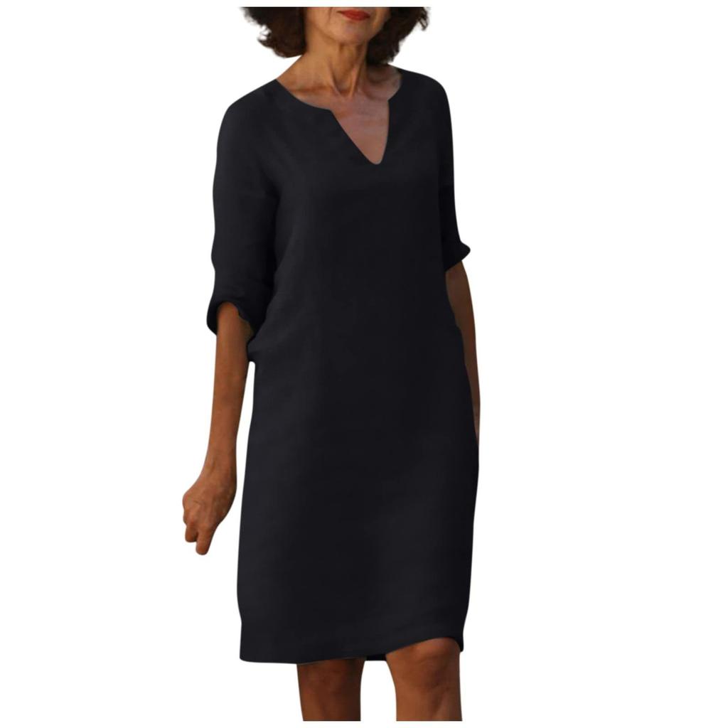 Women's Fashion -Color Dress 3/4 Sleeves V Neck Dress
